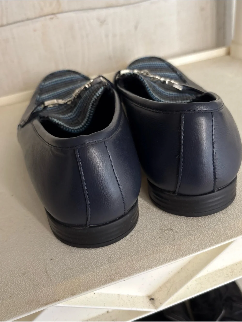 Giorgio Brutini Navy Leather Loafers with Blue-Striped Fabric Vamp